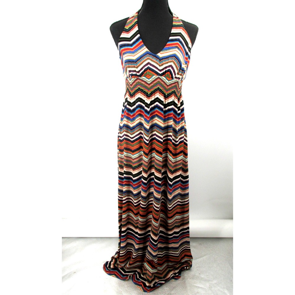 BISOU BISOU Maxi Halter Dress Womens 4 Multicolor Chevron Retro Artsy Hippie